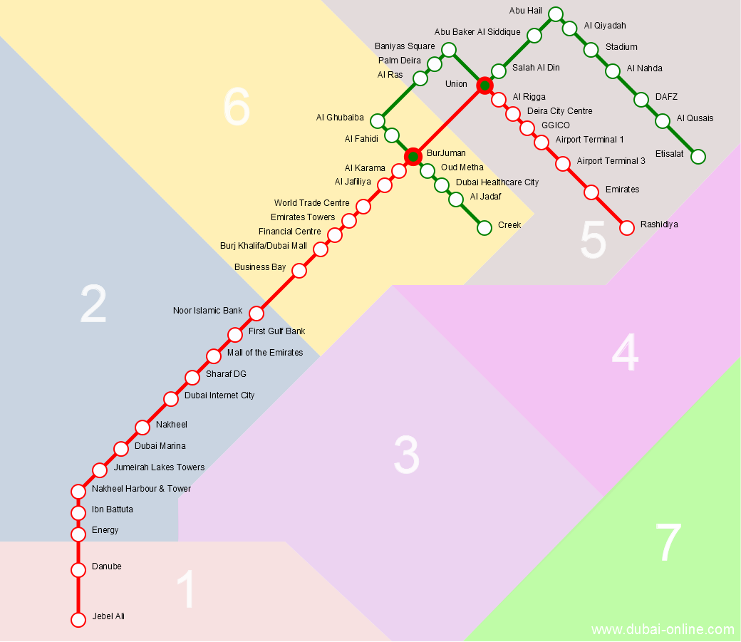 Схема метро Дубая и транспортные зоны