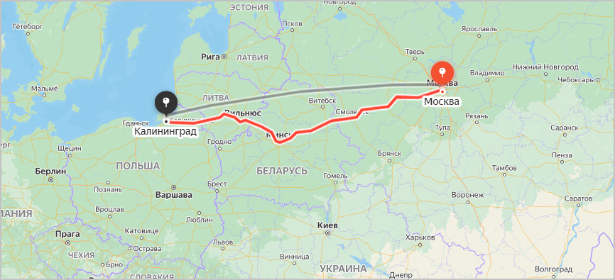 Маршрут поезда из Москвы в Калининград