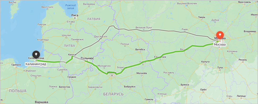 Маршрут Москва - Калининград на карте
